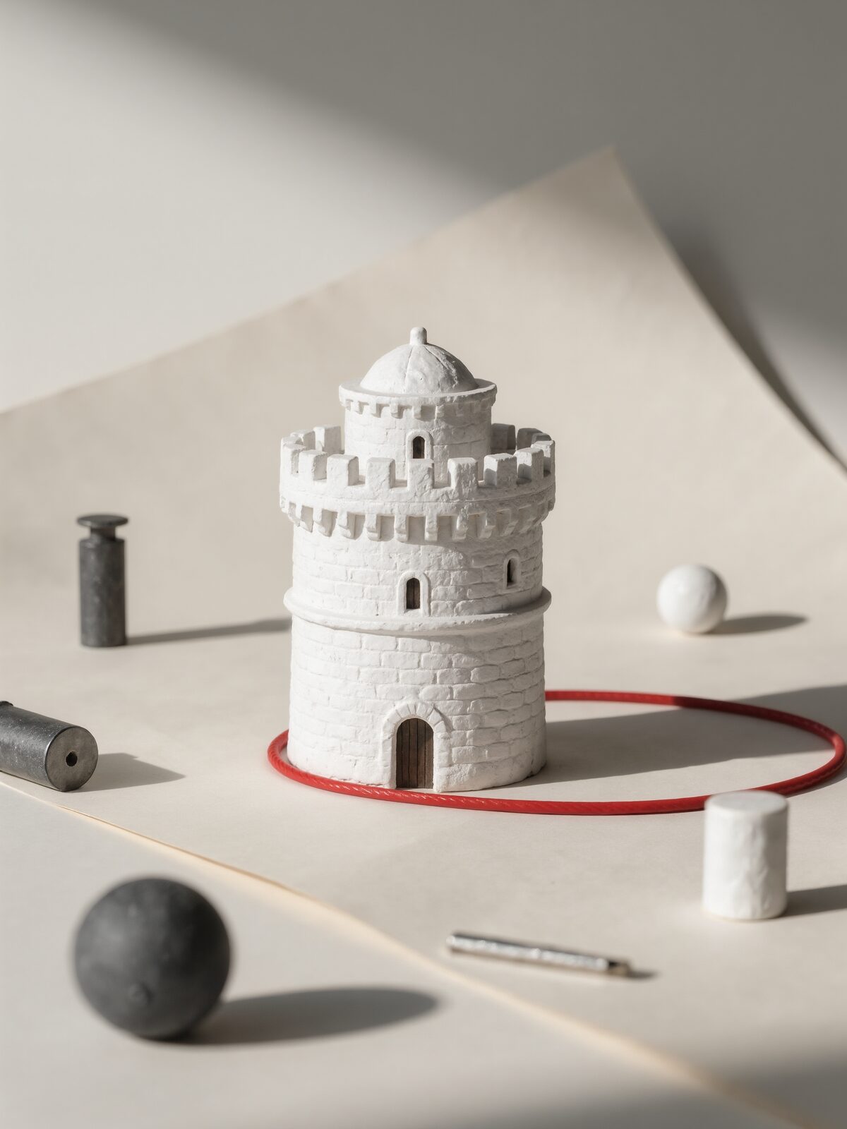 A white miniature of Thessaloniki’s White Tower with a red cable around its base.