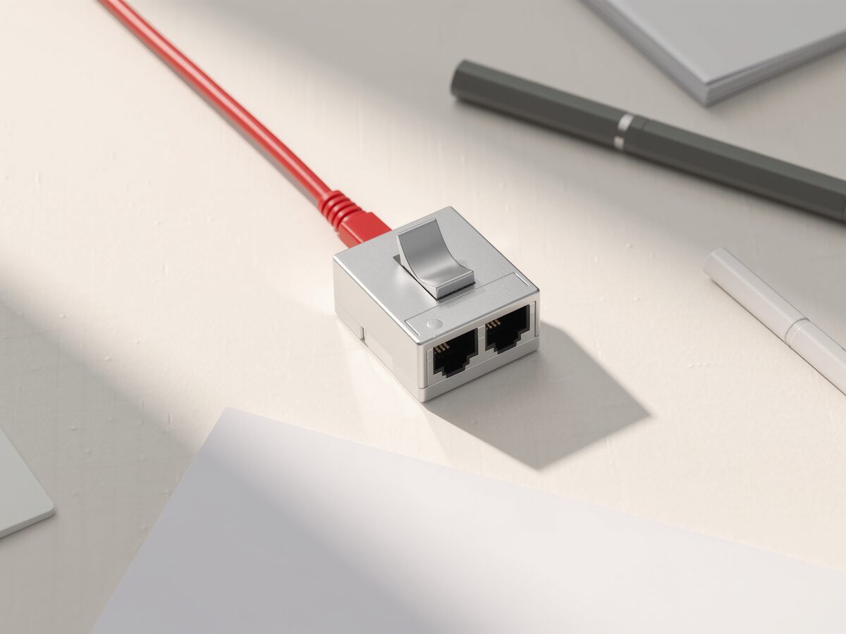 A small brushed-aluminium network switch with blank ports and one red cable plugged in.