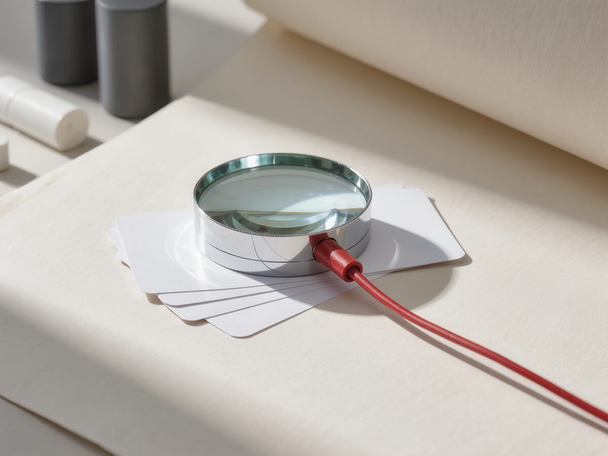 A brushed-aluminium magnifying glass on blank white index cards, with a red cable beneath the lens.